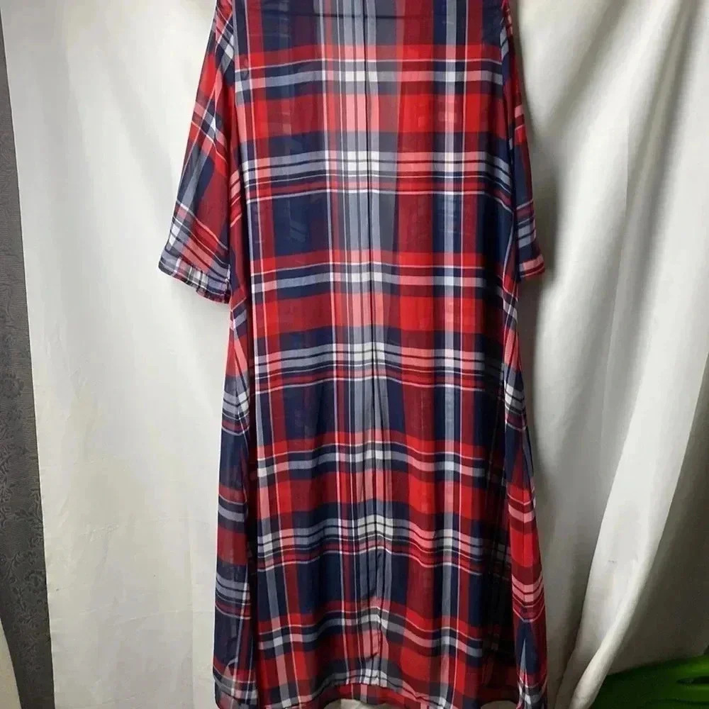 TORRID WO‎ SIZE 0/00 (10/12) LONG NAVY RED PLAID. SHEER OPEN FRONT DUSTER - Picture 8 of 10
